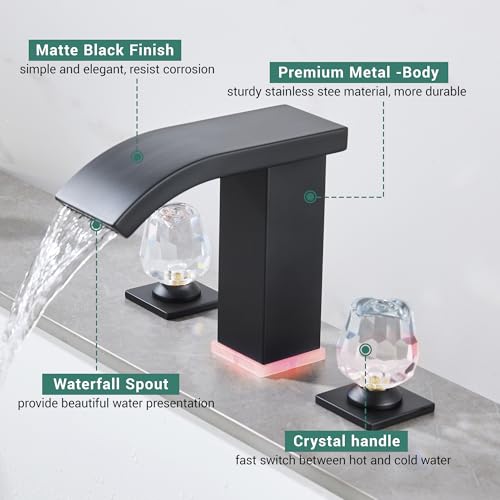 Bathroom faucets 3 Hole Widespread Modern Bathroom Sink Faucet 8 inch Matte Black Bathroom 3 Hole LED Light Waterfall Vanity Faucet Sink with Pop Up Drain (Matte Black) - color: Matte Black