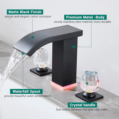 Bathroom faucets 3 Hole Widespread Modern Bathroom Sink Faucet 8 inch Matte Black Bathroom 3 Hole LED Light Waterfall Vanity Faucet Sink with Pop Up Drain (Matte Black) - color: Matte Black