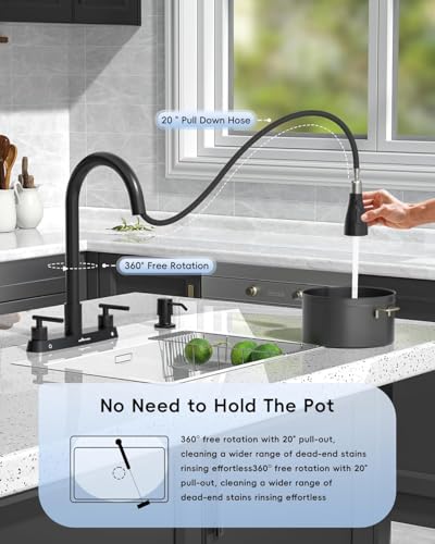 APPASO 4 Hole Kitchen Faucet with Pull Down Sprayer Matte Black 8'' Center | Black Kitchen Faucets with Soap Dispenser, High Arc Modern Sink Faucet for 3-4 Hole Standard Sinks, Lead-Free Certified - color: 1-Black