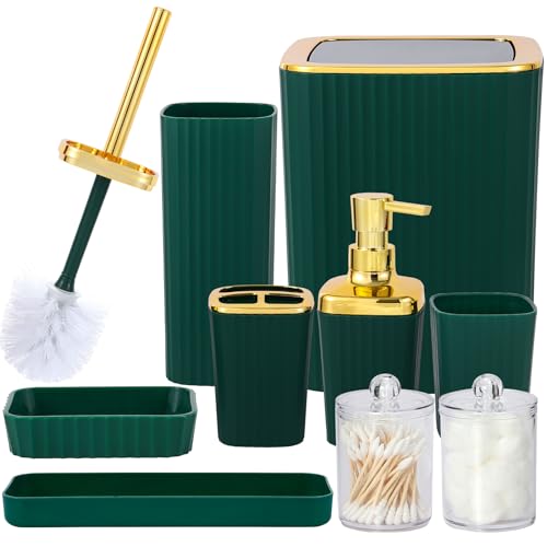 9 PCS DarkGreen Bathroom Accessories Set with Trash Can Bathroom Accessory | All-in-One Kit with Trash Can,Toothbrush Holder,Soap Dispenser,Toothbrush Cup,Vanity Tray,Soap Dish,Toilet Brush etc for Home - color: Darkgreen
