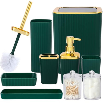 9 PCS DarkGreen Bathroom Accessories Set with Trash Can Bathroom Accessory | All-in-One Kit with Trash Can,Toothbrush Holder,Soap Dispenser,Toothbrush Cup,Vanity Tray,Soap Dish,Toilet Brush etc for Home - color: Darkgreen
