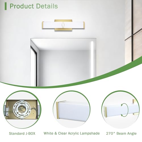 16 Inch Bathroom Vanity Light 2000LM, 5700K Daylight White Modern Bathroom Light Dimmable, AC 120V 20W Gold LED Vanity Lighting Fixtures Wall Sconce ETL Certified, 2Pack - color: Gold-5700K, size: 16 INCH(2 Pack)
