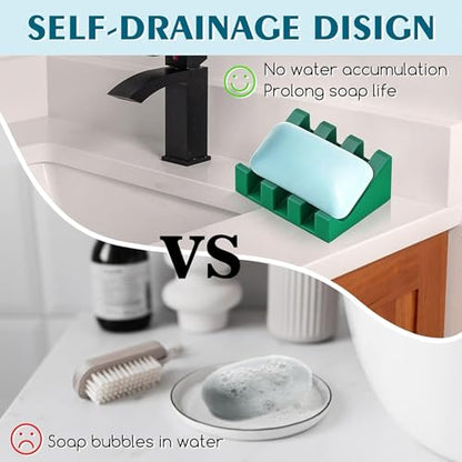 Silicone Soap Dish Self Draining with Suction Cups (Green,1 Pack) | Waterfall drainage design drains fast to keep soap dry silicone soap saver with reusable suction cups for bathroom & kitchen - color: Christmas Green, size: 1