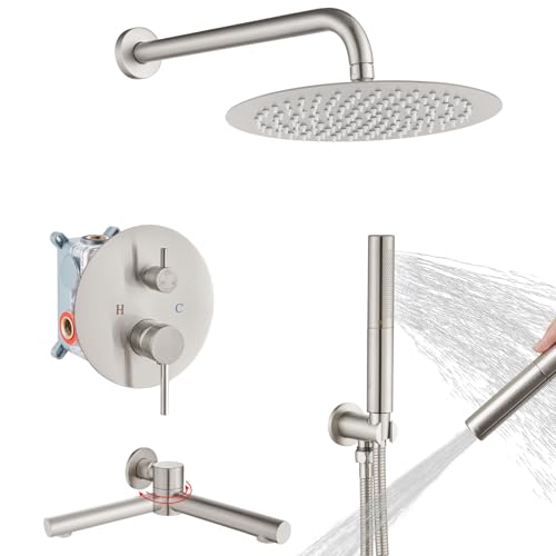 Airuida 3-Function Shower System with Tub Spout – Round Rainfall Shower Faucet Combo,Handheld Spray with 2 Functions,Includes Rough-In Valve with 360° Rotating Drain,10 Inch Shower Head,Brushed Nickel - color: Brushed Nickel, size: 10 Inch