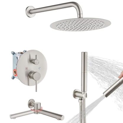 Airuida 3-Function Shower System with Tub Spout – Round Rainfall Shower Faucet Combo,Handheld Spray with 2 Functions,Includes Rough-In Valve with 360° Rotating Drain,10 Inch Shower Head,Brushed Nickel - color: Brushed Nickel, size: 10 Inch