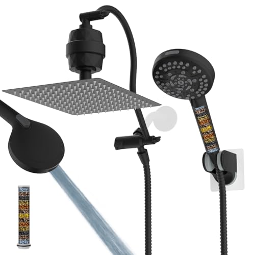 Hibbent All Metal 12'' Dual Filtered Rainfall Shower Head Combo, High Pressure Handheld Shower Head with 12'' Adjustable Curved Extension Arm, 20 Stage Shower Filter, 10-spray, 71'' Hose, Matte Black - color: Matte Black Finished, style: Square 12'' with