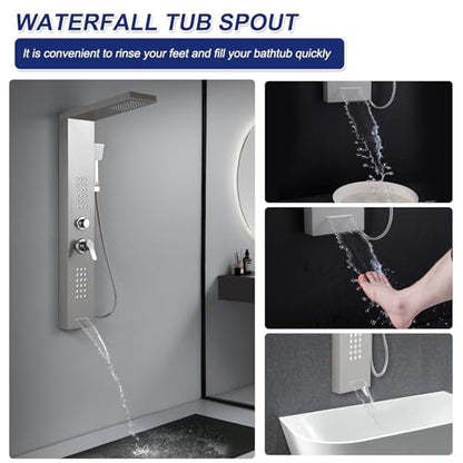 ROVATE 4 in 1 Rainfall Shower Panel Tower with Powerful Body Jets, Brushed | High Pressure Stainless Steel Shower Column with Flexible Handheld, Waterfall Tub Spout, Adjustable Waterflow - color: Brushed Finish