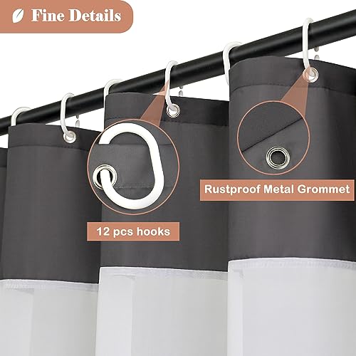 UFRIDAY Dark Gray Shower Curtain with White Mesh Top Window, Heavy Duty Fabric Bathroom Curtain Set with Weighted Bottom Hem, Water Repellency and Easy Care, 72x84 Inches, Extra Long - color: Dark Gray, size: 72"W x 84"L (Pack of 1)