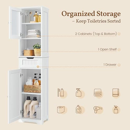 Yaheetech Tall Slim Bathroom Storage Cabinet with Frosted Glass Door, White | Narrow Floor Cabinet for Tight Spots, Reversible Doors, Adjustable Shelves and Drawer for Towel and Linen Storage, MDF Build - style: 2 Doors + 1 Drawer