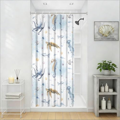 Yeele Ocean Creatures Watercolor Shower Curtain, Turtle Octopus Blue Print Shower Curtain, Waterproof Machine Washable Fabric Bath Curtain 36x72 Inch with Grommets and Hooks - color: Blue 1, size: 36"W x 72"L (Pack of 1)