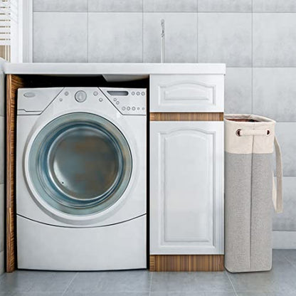 Laundry Basket with Handles Beige&Silver Slim Laundry Bin Collapsible Dirty Clothes Basket Narrow Laundry Bag Foldable Dirty Hamper for Camping, Dorms, Apartments - color: Beige&Silver