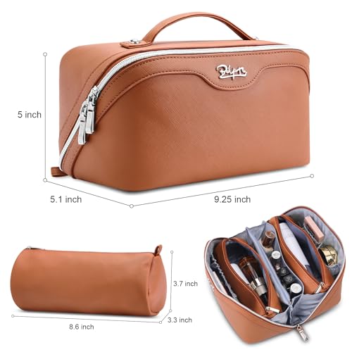 BOYATU Travel Makeup Bag Organizer Cosmetic Bag: 3 Pcs Set Make up Bags for Women with Handle - Waterproof Vegan Leather Toiletry Bags Travel Essentials Pouch with Compartments (C-02-Brown) - color: 04-B-Brown