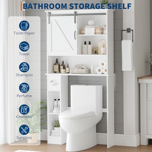 Takywep Over The Toilet Storage Cabinet with 2 Doors, Adjustable Shelf, Toilet Paper Holder and Hooks, Space-Saving Bathroom Organizer for Restroom, Laundry, White