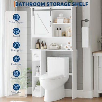 Takywep Over The Toilet Storage Cabinet with 2 Doors, Adjustable Shelf, Toilet Paper Holder and Hooks, Space-Saving Bathroom Organizer for Restroom, Laundry, White