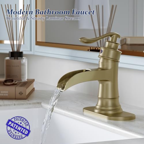BWE Solid Brass Brushed Gold Waterfall Bathroom Faucet for Modern & Classic | Wide Waterfall Spout, Ceramic Cartridge, Fits 1 or 3-Hole Sink, Single Handle, Hardware Kit Included, Not for Vessel Sink - color: Brass Gold