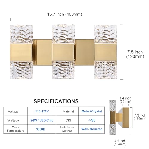 MELUCEE 3-Light Modern LED Vanity Light Bar with Crystal Column Brass 24W | LED Bathroom Vanity Light Bathroom Lights Over Mirror Crystal Wall Sconce Restroom Lighting Fixtures, 3000K Warm Lighting - color: Brass, size: 3 Lights