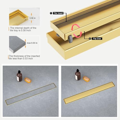 Linear Shower Drain - 18 Inch Brushed Gold, with Tile Insert Panels | AISI 304 Stainless Steel Shower Drain with Adjustable Feet, Hair Catcher, Rectangle Shower Floor Drain Fits Bathroom, Balcony - color: Brushed Gold, size: 18 Inch