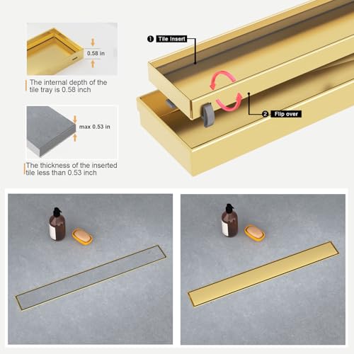 Linear Shower Drain - 18 Inch Brushed Gold, with Tile Insert Panels | AISI 304 Stainless Steel Shower Drain with Adjustable Feet, Hair Catcher, Rectangle Shower Floor Drain Fits Bathroom, Balcony - color: Brushed Gold, size: 18 Inch