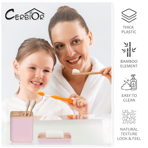 CERBIOR Bamboo Bathroom Accessory Set with Shower Curtain,Pink,20PCS | Spiral Set Includes Shower Curtain,Soap Dispenser, Toothbrush Holder, Toothbrush Cup, Soap Dish for Decorative and House Gift - size: Bath Set+Shower Curtain, style: Pink