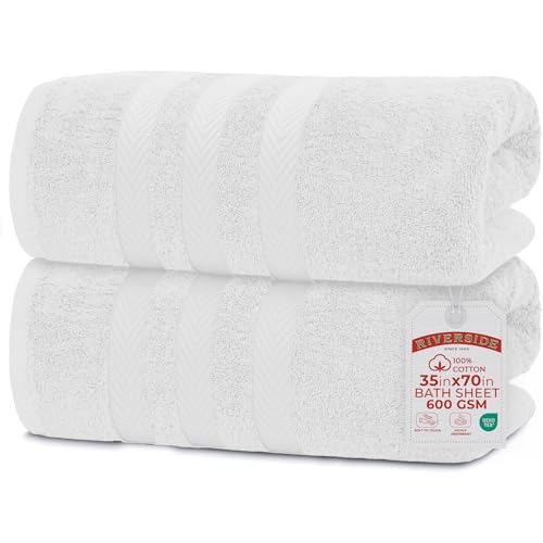 RIVERSIDE Pack of 2 Extra Large Bath Sheets 35 x 70 Inches, 100% Ring Spun Cotton, Hotel Quality, Oversized Bath Towels, Super Soft, Highly Absorbent & Quicker to Dry, White Bath Towels - color: White, size: Bath Sheets (PK 2)