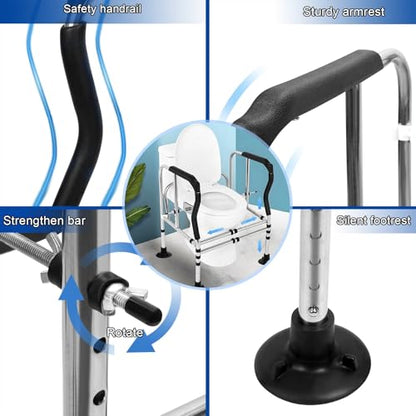 Toilet Safety Rail for Seniors, Height Width Adjustable Toilet Safety Frames with Anti-Slip Handles and Suction Cups for Elderly & Disabled, Toilet Seat Riser for Bathroom Safety, 450 lbs Capacity Bl