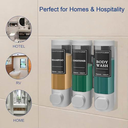 3-Chamber Wall Mount Shower Dispenser - No-Drill Adhesive or Drill Mount - Refillable Shampoo, Conditioner & Body Wash Dispenser for Home, RV & Hotel - Eco-Friendly & Compact (Silver) - color: Silver