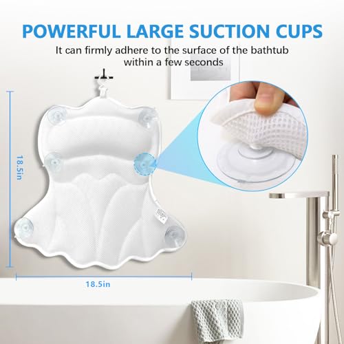 REEZEIVI Bath Pillows for Tub,Thick Neck Back Support Bathtub Cushion,White | 4D breathable body-fitting mesh, 6 strong anti-slip suction cups, machine washable & quick drying, durable for all bathtubs - color: White