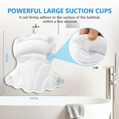 REEZEIVI Bath Pillows for Tub,Thick Neck Back Support Bathtub Cushion,White | 4D breathable body-fitting mesh, 6 strong anti-slip suction cups, machine washable & quick drying, durable for all bathtubs - color: White