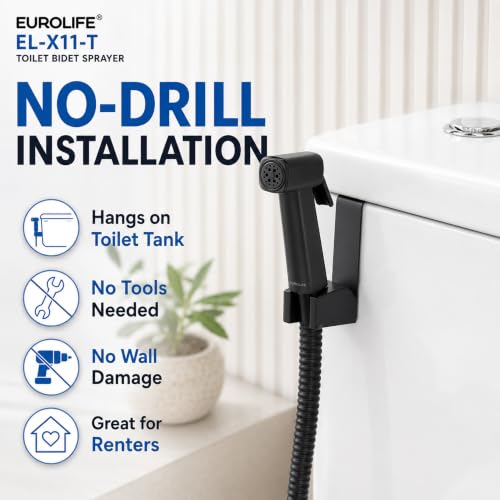 Handheld Bidet Sprayer for Toilet, Lockable Push Button, High Pressure Bathroom Sprayer, Cloth Diaper & Personal Hygiene Sprayer, Tank Mount No-Drill Install, Stainless Hose Set, Black Color - color: Black
