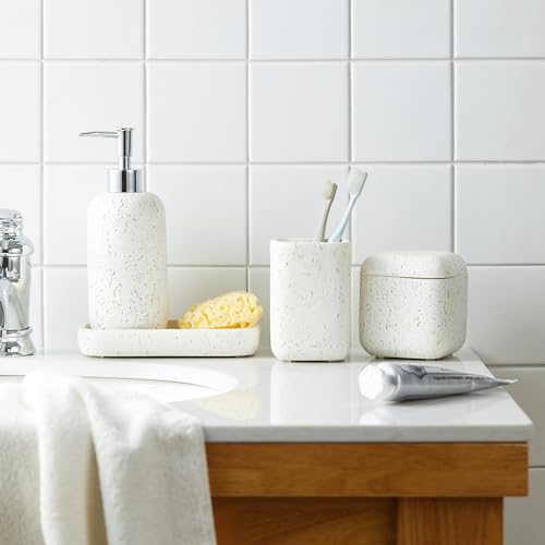 4-Pieces Bathroom Accessory Set Hight Quality Polyresin Ensemble-Lotion Dispenser/Toothbrush Holder/Cotton Jar/Soap Dish, Cream Color