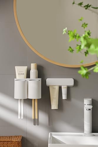 Wall-Mounted Toothbrush and Toothpaste Holder - Self-Draining Design, Easy Installation, Space-Saving, White (Double - Two Normal Cups)