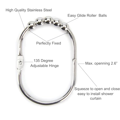 Shower Curtain Hooks Roller Shower Hooks for Curtain Chrome 12PCS | Rust Proof Stainless Steel, Shower Curtain Hangers Rings for Bathroom Shower Rods Curtains Liners, Easy Glide - color: Oval Shape - Polished Chrome