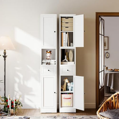 71 Inch Tall Narrow Bathroom Storage Cabinet, Slim Metal Freestanding Floor Cabinet with Doors, Adjustable Shelves, Drawer & Open Shelf, Bathroom Organizer for Small Spaces, White