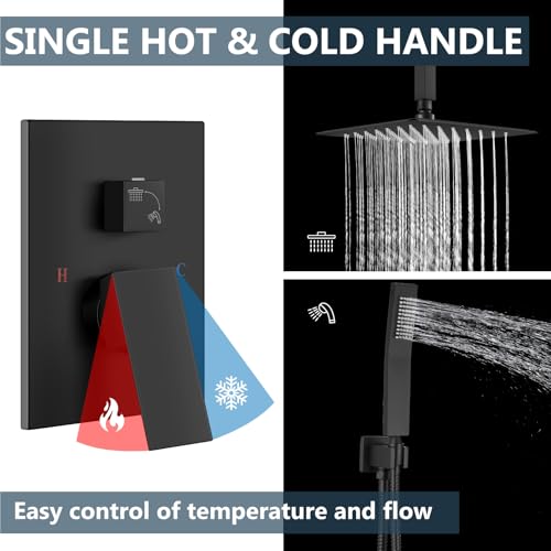 Aolemi Ceiling Shower Faucet with Handheld 8 Inch Head Matte Black | Shower Valve and Trim Kit,SUS304 Rain Head and Handle Set System,All Metal,Bathroom, Handheld Spray - color: Black, size: 8 Inch Ceiling Shower Head
