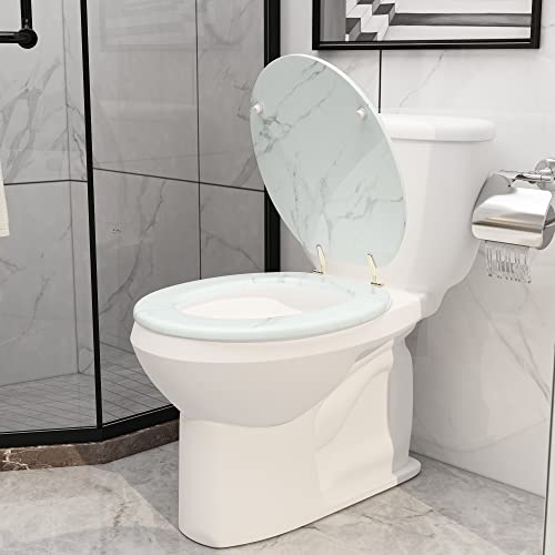 Round Toilet Seat Wood Toilet Seat Prevent Shifting with Zinc Alloy Hinges American Standard Size Toilet Seat Easy to Install also Easy to Clean(Round,Marble) - color: Marble, size: Round