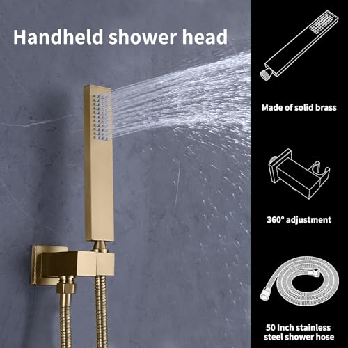 Shower Faucet Set Ceiling 20x14 inch LED Shower Head, Temperature Display Thermostatic Shower Valve, and Two 8-inch Wall Mounted Shower Heads Handheld Combination (Brushed Gold) - color: Brushed Gold