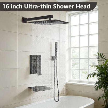 Midanya Shower System with Tub Spout,Bathtub Shower Faucet Set with Square Rainfall Head and Handheld Sprayer Wall Mount Tub Faucet Set with Valve and Trim Kit,16 Inch Oil Rubbed Bronze - color: Oil Rubbed Bronze, size: 16 Inch