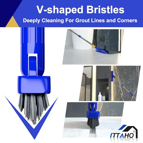 12" Wide Floor Scrub and Grout Brush Set With Long Extendable Handle - Stiff Bristle Heavy Duty Cleaner for Tile, Deck, Garage, Kitchen, Bathroom - color: White+blue