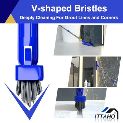 12" Wide Floor Scrub and Grout Brush Set With Long Extendable Handle - Stiff Bristle Heavy Duty Cleaner for Tile, Deck, Garage, Kitchen, Bathroom - color: White+blue
