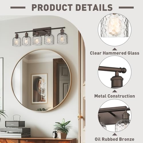 zeyu 35 Inch Farmhouse Bathroom Lighting Fixture, 5-Light Bathroom Vanity Light, Oil Rubbed Bronze Finish with Clear Hammered Glass, ZJF63B-5W ORB - color: Oil Rubbed Bronze|Hammered Glass, size: 5-Light