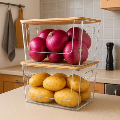 CiWiVOKi 6 Pack Clear Stackable Storage Bins with Bamboo Lids, Trash Bag Holder Dispenser Under Sink Organizer for 4-13 Gal Bags, Plastic Storage Containers for Pantry Bathroom Kitchen Organization - size: 6 Pack