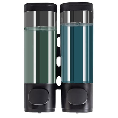 2-Chamber 10oz/300ML Black Plastic Hand Wall Mounted Soap Dispensers | Refillable Shampoo Conditioner Shower Dispenser No Drill, Clear Manual Pump Dispenser for Bathroom Hotel Kitchen - color: 2-chamber Black