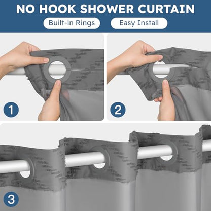 FADOTY Grey No Hook Shower Curtain Set with Snap in Liner, 71'' x 74'' | Bathroom Hotel Fabric Curtain, Waterproof Washable Liner, See Through Top Window, Ringless Chevron Tufted Cloth Curtain - color: Grey, size: 71"W x 74"L (Pack of 1)