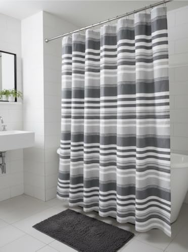 Charcoal Gray and White Fabric Shower Curtain, Cotton Blend Textured Striped Design, 72 x 72 Shower Curtain, Modern Aesthetic Bathroom Decor, Oasis Grey - color: Oasis Grey