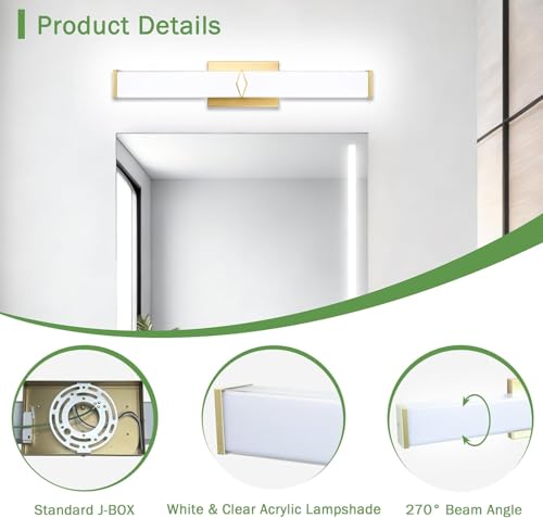 24 Inch Bathroom Vanity Light 2500LM, AC 120V 5CCT Modern Bathroom Lighting Fixtures Over Mirror Dimmable, 25W Gold LED Vanity Lighting Fixtures Wall Sconce ETL Certified, 1Pack - color: Gold-5CCT, size: 24 INCH