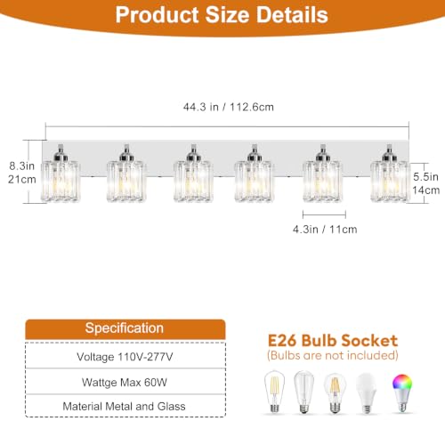 Brushed Chrome Crystal Bathroom Vanity Light, 6-Light Modern Bathroom Lighting Fixtures Over Mirror,Chrome Wall Sconce Light Fixtures with Square Shade - color: Chrome-Square Shade, size: 6-LIGHT