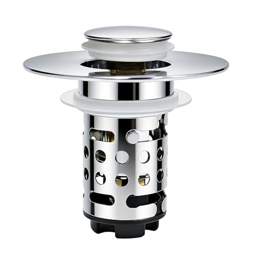 Upgraded 3 in 1 Bathroom Sink Drain Strainer, Universal Pop Up Stopper with Removable Stainless Steel Filter Basket Hair Catcher, Sink Plug for 1.1''~2.36'' Basin, Polished Chrome (1PC) - style: Polished Chrome 1PCS