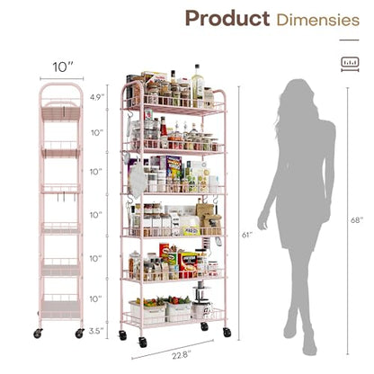 6 Tier Slim Rolling Storage Cart with Wheels, Metal Mobile Shelving Unit Organizer Utility Cart for Office Bathroom Kitchen Laundry Room Narrow Places (Pink 10 Inches) - size: Pink 10 Inches