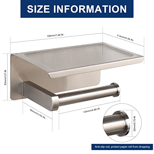 NearMoon Toilet Paper Holder with Shelf, Heavy Duty Bath Toilet Roll Holder with Phone Shelf Tissue Hanger for Bathroom/Kitchen No Drill or Wall Mounted(304 Stainless Steel, Brushed Nickel) - color: Brushed Nickel