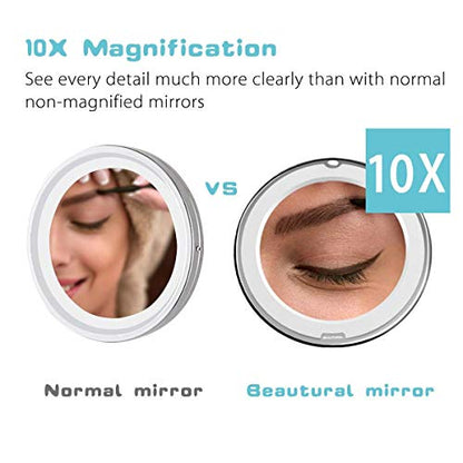 Updated 2022 Version 10X Magnifying Makeup Vanity Mirror with Lights, LED Lighted Portable Hand Cosmetic Magnification Light up Mirrors for Home Tabletop Bathroom Shower and Travel - size: 2.8"L x 0.4"W